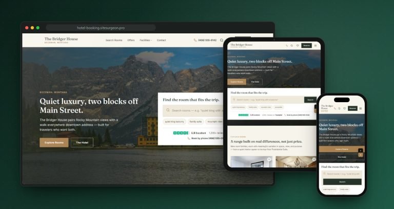 The Bridger House hotel homepage shown on desktop, tablet and phone